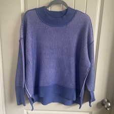 Zenana S/M Blue Ribbed Mock Neck Top With Hi Lo Hem And Side Slits