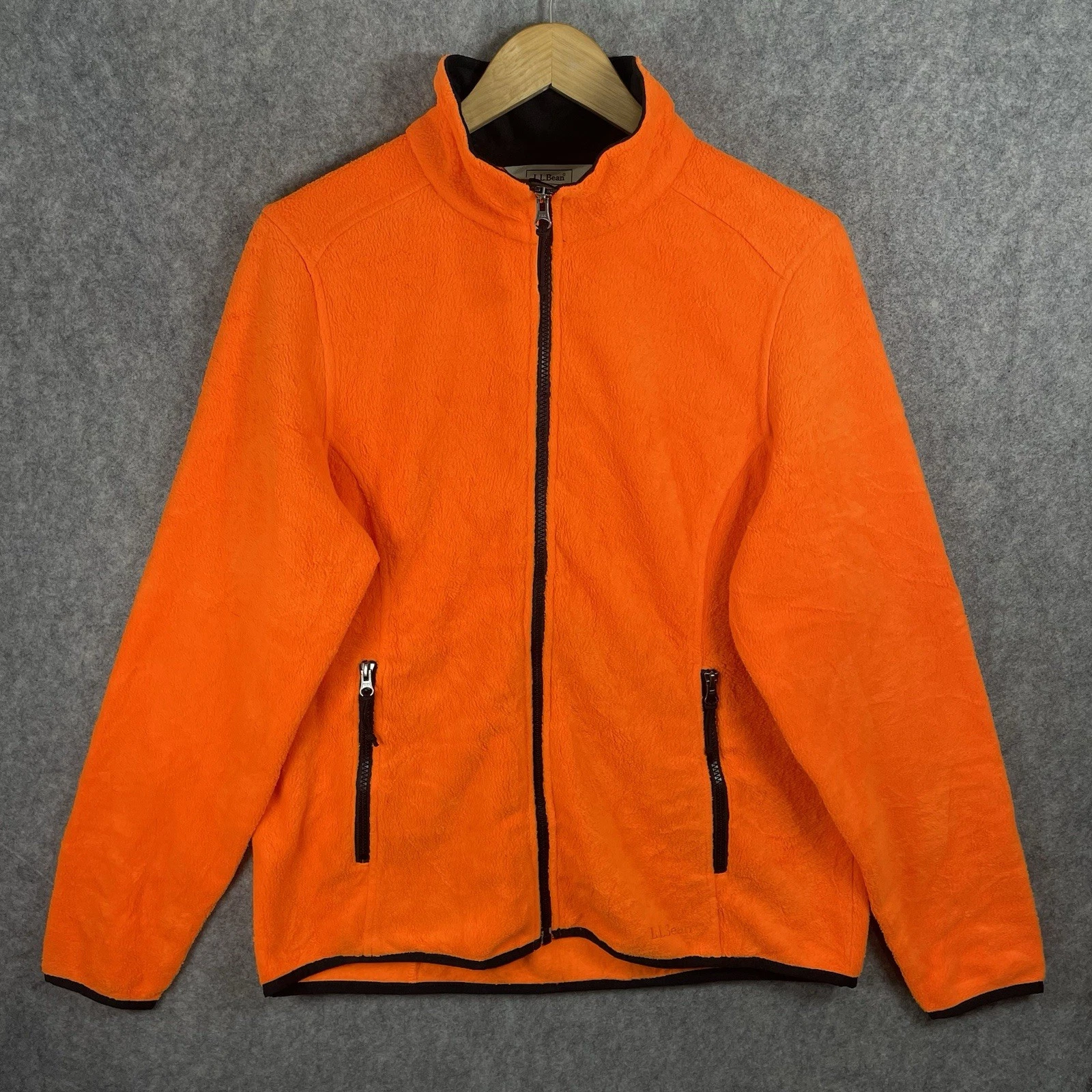 LL Bean Fleece Jacket Mens Medium Neon Orange Hunting Outdoor Full Zip Pocket
