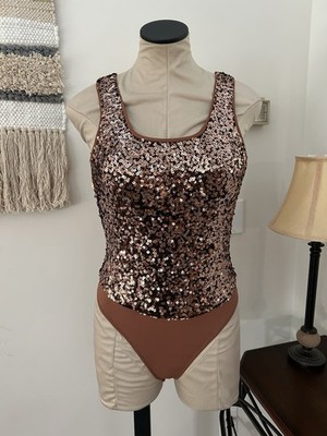 NEW!! Francesca s Brown And Gold Sequin Bodysuit Size Small