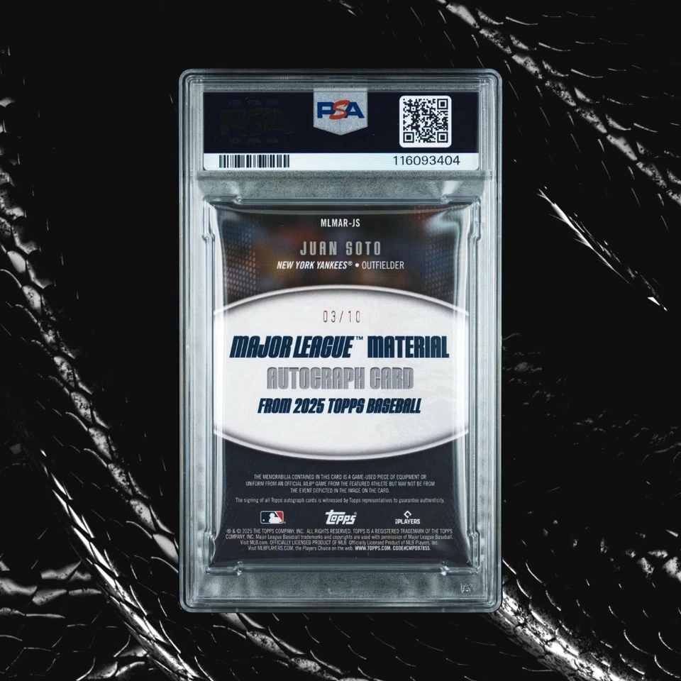 2025 Topps Major League Materials Autograph Black 3/10 #MLMARJS Juan Soto PSA 8 - Image 2 of 3