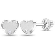 14k White Gold Little Girl's 5mm Small Diamond Accent Heart Screw Back Earrings
