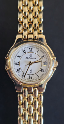 Grovana Swiss Quartz Watch 24mm Gold Plated Roman Dial Date Sapphire New Battery