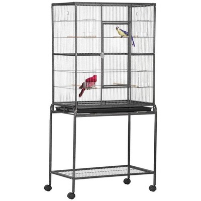 30'' Rolling Bird Cage with Stand Storage Shelf Perches Feeders Black