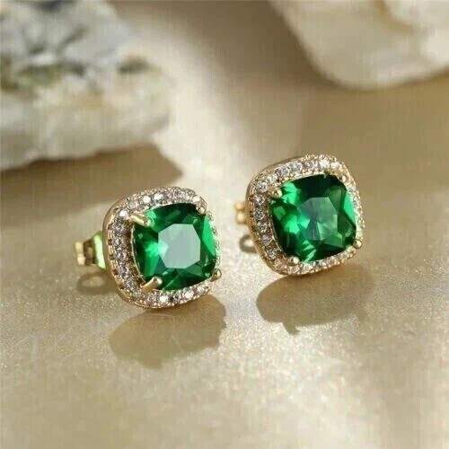2Ct Cushion Cut Lab-Created Emerald Women's Stud Earrings 14K Yellow Gold Plated