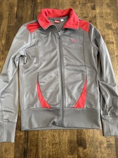 Women  s Puma French Terry Full Zip Jacket Logo Track Pre Workout Gray Red Size S