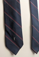 YSL Yves Saint Laurent Tie Navy Vintage Monogram Necktie Silk Striped Clean 