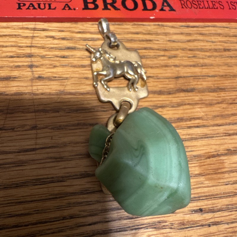 Large Vintage Unusual Gold Tone Green Stone Pendant From Estate Big Unicorn