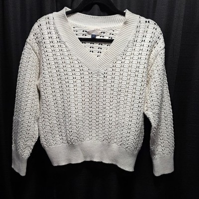 Universal Thread Cream Open Knit V-Neck Pullover Sweater Womens Medium Ivory