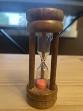 Vintage Hour Glass Egg Timer Pink Sand Filled Wooden Wood 4”H Farmhouse Decor