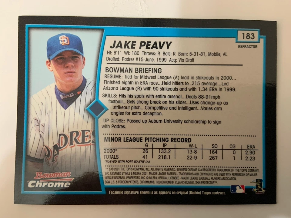 2001 Bowman Chrome - Rookie Refractors Jake Peavy #183 (RC) - Image 2 of 2