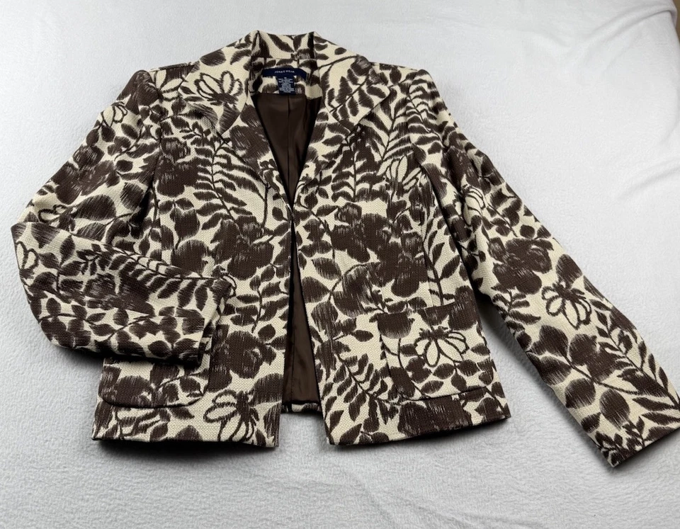 Jones Wear Lined Brown/Tan Floral Textured Eye Hook Closure Blazer Jacket Sz 12 - Image 2 of 4