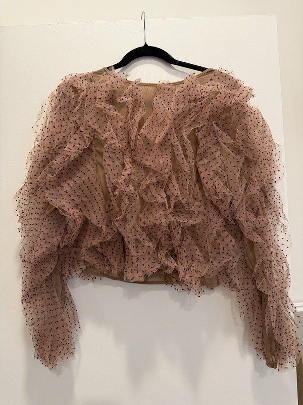 Dolan Left Coast Collection Polka Dot Ruffle Mesh Top Tan M Blouse