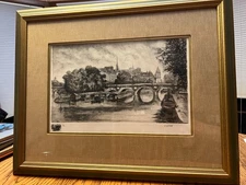 AIME DALLEMAGNE Signed French PARIS Pont Neuf Etching print Framed 24 x 19.5