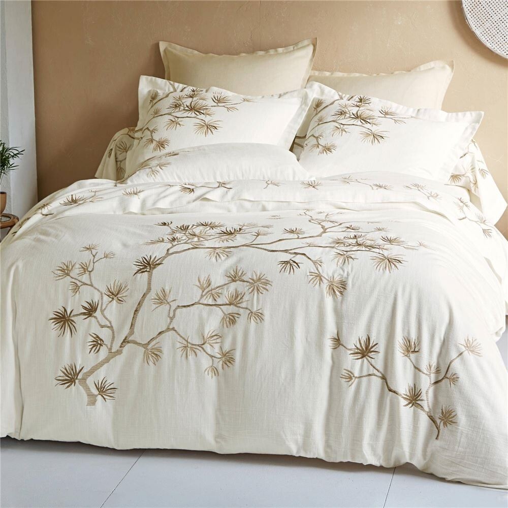 Housse couette 240x220 brodé feuillage japonais haut de gamme