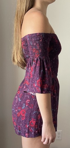 Hollister Romper Small S Maroon Purple Floral Off The Shoulder Shorts Womens - Picture 7 of 16
