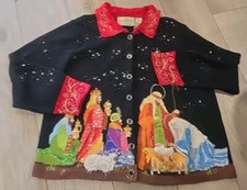 VTG Design Options Nativity Christmas Sweater Cardigan Beaded Sequin Sz Large