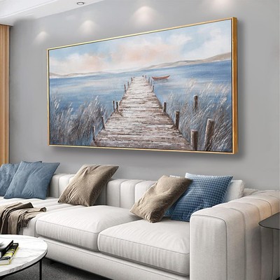 Framed Wall Art Blue Ocean Painting Plank Road 20''x40'', 