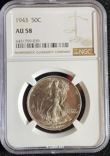 1943-P NGC AU58 | Silver Walking Liberty Half Dollar - 50c US Coin White. T5545