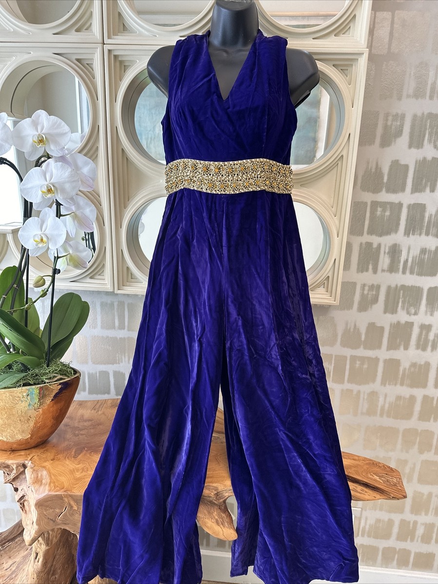 Vintage 60s Purple Crushed Velvet Jewel Empire Waist Palazzo Pants Jumpsuit  S