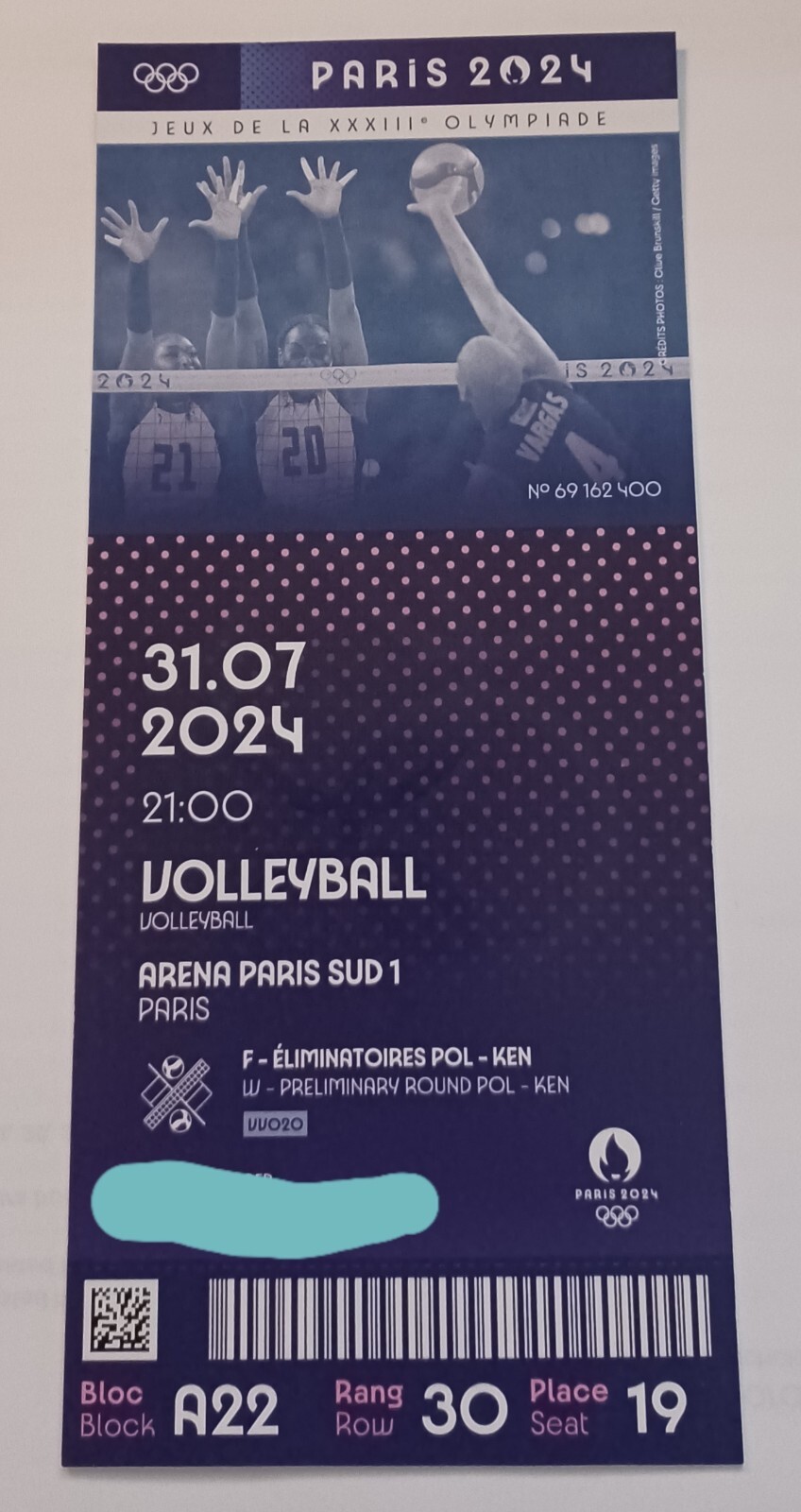 Paris Olympic Ticket Souvenir Paris Olympic Ticket Women's Volleyball 7/31 VV020