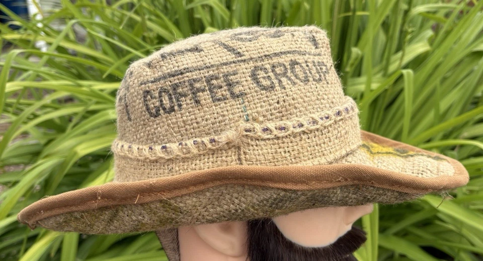 Cowboy Hat Burlap Coffee Sack size 7 1/4 or M handmade  upcycled NICARAGUA - Image 3 of 4