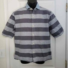 Thad Deus ONeil Mens Button Front Shirt Gray Stripes Short Sleeves Made In USA M