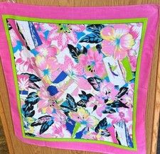 Vintage Wamcraft Cotton Scarf Bandana Hibiscus Flowers Sea Side Scene 14193 Pink