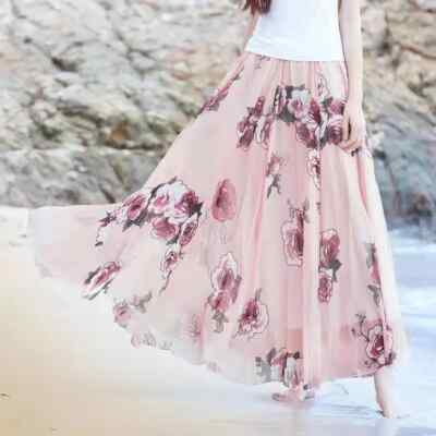 Afibi Women's Floral Print Chiffon Maxi Skirt - Vintage Pleated Long Skirt For Summer & Beach