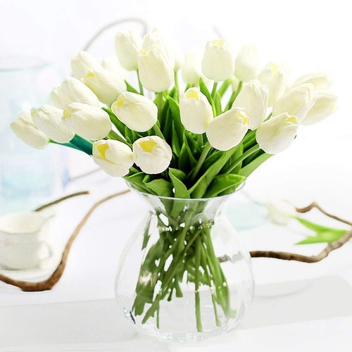 10X hochwertige künstliche Blumen 33cm Tulpen CREME Milchweiss/Mandarinengelb DE - Bild 17 von 20