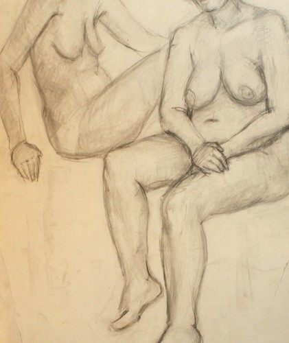 Vintage impressionist pencil painting nude females portrait signed - Imagen 6 de 12