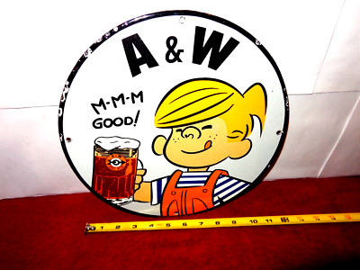 VINTAGE 11 3/4 in DENNIS MENACE A&W ROOT BEER SODA ADV. SIGN PORCELAIN- S 343F