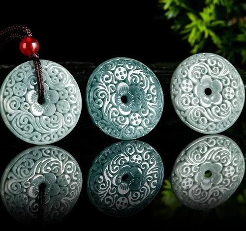 Certified Natural Green Burma Jade jadeite Carved Circle Donut Pendant Necklace - Bild 3 von 8