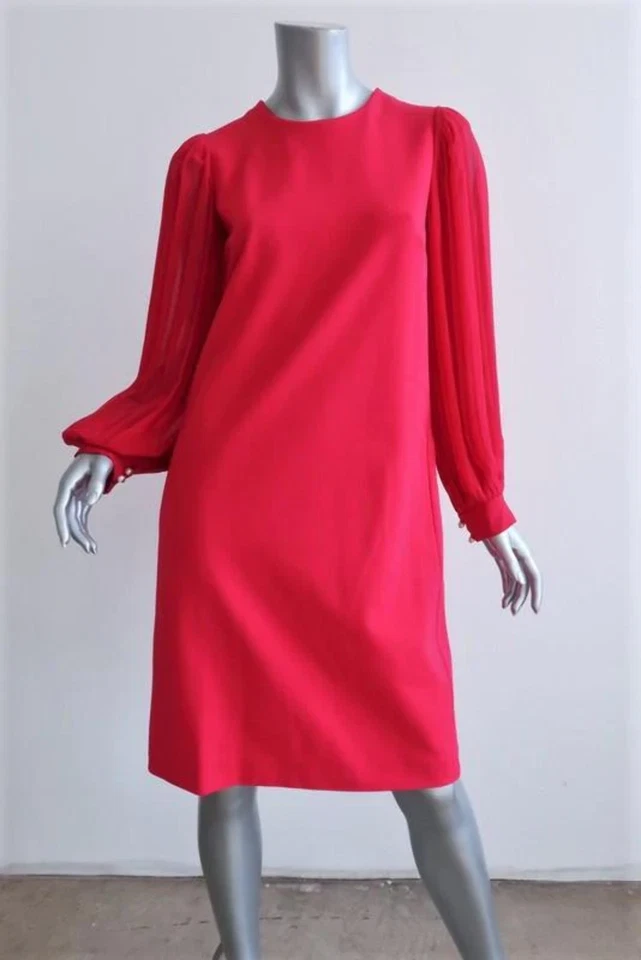 Gucci Pleated-Sleeve Shift Dress Magenta Silk & Stretch Crepe Size Medium - Image 2 of 4