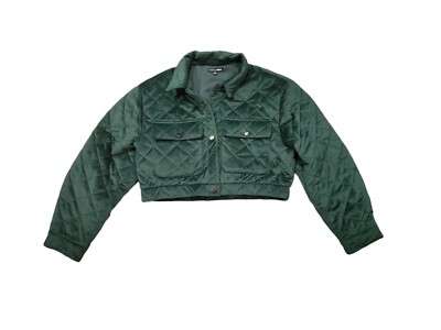 Fashion Nova Cropped Jacket Medium Dark Green Quilted Velvet Feel