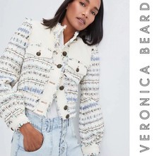 Veronica Beard Darren Tweed Jacket Ecru Multi Fringe Crop Jacket US 12