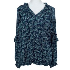 H by Halston Women's Blouse Medium Navy Blue Leaf Ruffle Business Office