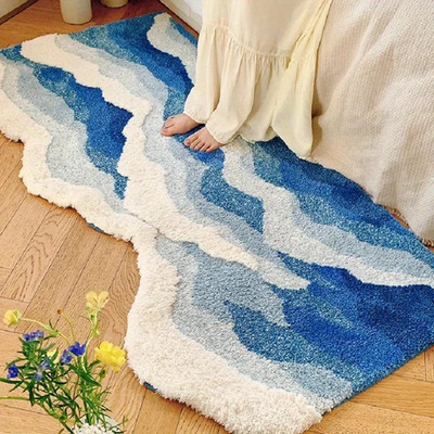 Blue Sea Wave Flocking Rug Floor Mat Doormat Bedroom Corridor Home Decor