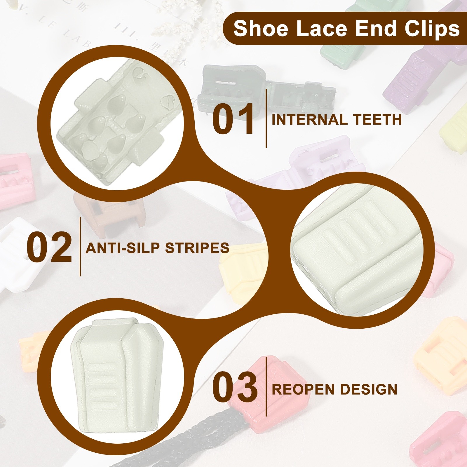 0.7" Zipper Pull Cord Lock, Plastic Shoe Lace End Clips, 50 Pack White