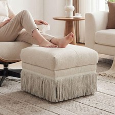 22 Inch Square Beige Fringe Ottoman Plush Modern Boho Upholstered Pouf Footstool