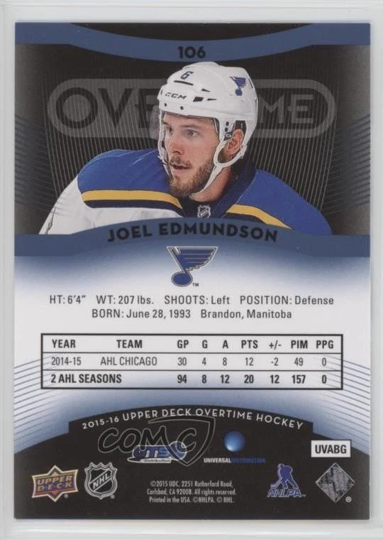 2015-16 Upper Deck GTS Overtime Blue Foil Joel Edmundson #106 Rookie RC - Image 2 of 2