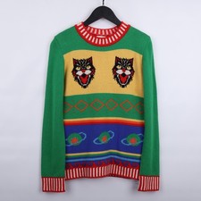 Gucci Kids Wool Sweater Green Yellow Cat Planet Intarsia Knit Jumper Size 10