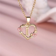 Ladies Heart Initial Letter Necklace A-Z Rose Gold Flower Pendant Gift for Women