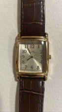 Limit Gold Tone Rectangle Quartz Watch Brown Leather Strap Art Deco Style