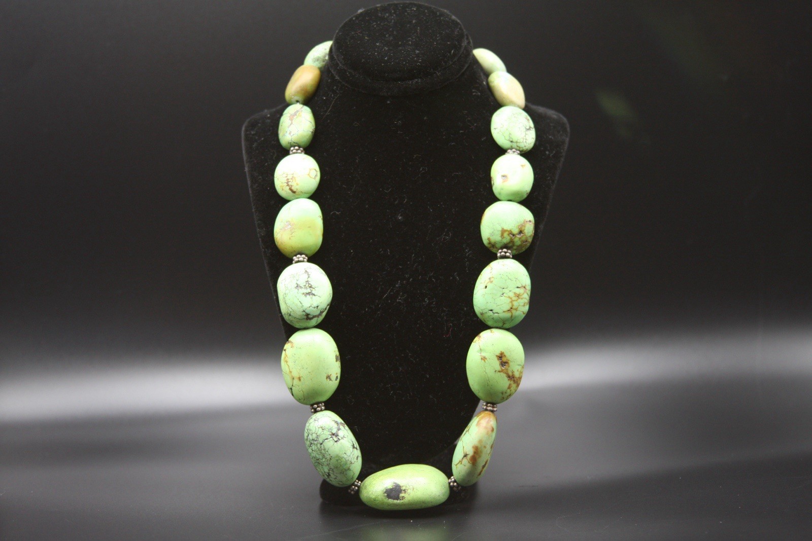 Green Turquoise Necklace With Red Coral & Silver Spacers