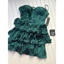 NWT Lulus Definite Glamour Emerald Mesh Sequin Bustier Tiered Mini Dress Size XS