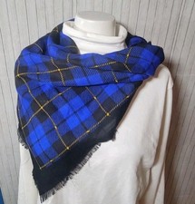 VTG 30" Square Baar  Beards Wool Scarf Blue/Black/Yellow Tartan Plaid