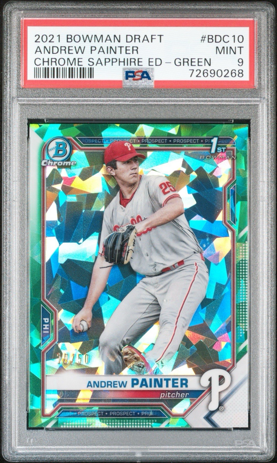 2021 Bowman Chrome Andrew Painter Sapphire Green Refractor 10/50 PSA 9 Phillies