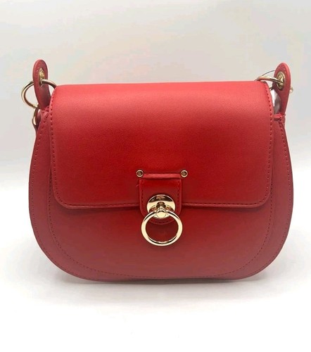 Badgley Mischka Red Saddle Bag Purse Gold Accents Vegan Leather MSRP $129 NWT