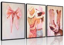 3Pcs Pink Cowgirl Canvas Wall art Western Boots Coquette Bow Girls Painting P...