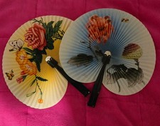 2 Vintage Chinese Paper Folding Fan Birds Butterfly Flowers 10" Signed